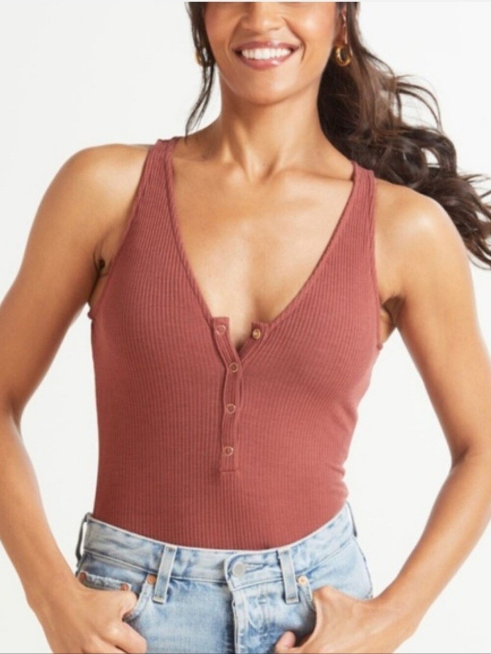 EVEREVE Lennon Ribbed Henley Bodysuit Dusty Rose Sleeveless Size Small